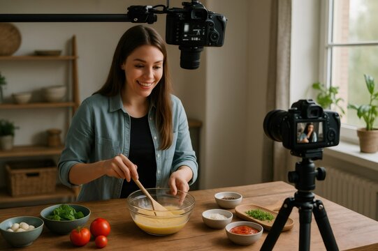 Young vlogger enthusiastically mixing ingredients in a bowl, surrounded by fresh produce and spices, while filming a cooking tutorial in a cozy kitchen