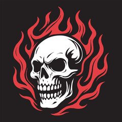 Flaming Skull Illustration - High Contrast Vector Art with Fire Background