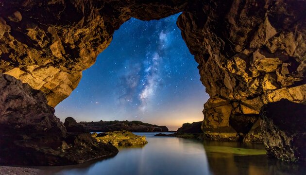 Cave opening to starry night sky over calm water (1)