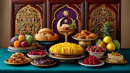 Fototapeta premium Abundant middle eastern iftar feast displayed with traditional islamic decor and fresh fruits and pastries