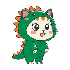 Cute Cartoon Kitten in Green Dinosaur Costume - Adorable Vector Illustration