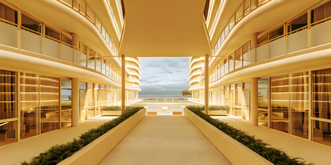 Obraz premium Picturesque futuristic landscape with elegant, minimalistic city skyline in soft light. Calm combination of modern architecture and nature. Relaxation in the hotel, photo with fisheye effect