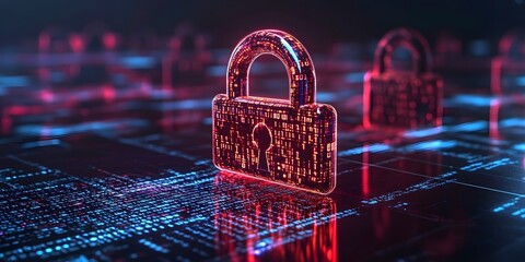 Digital padlock graphic on a technological surface.
