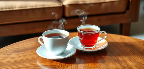 Fototapeta premium Steaming cup of tea rests on a wooden coffee table, mug, interior
