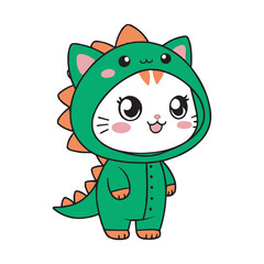 Cute Cartoon Kitten in Green Dinosaur Costume - Adorable Vector Illustration