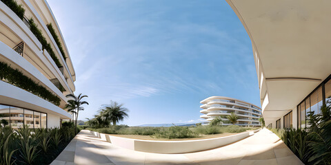 High-tech city with minimalist design, fisheye photo, 360 view, with rooftop gardens. A peaceful vision of the future of urban life in harmony with nature. Ideal for topics related to green technology