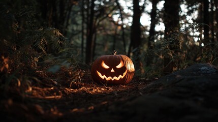 Halloween Pumpkin in a Dark Forest at Night