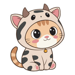 Cute Chubby Kitten in Cow Costume – Cartoon Animal Illustration
