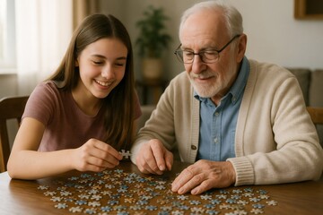Senior man and granddaughter enjoying quality time together while assembling a colorful jigsaw puzzle at home, sharing smiles and laughter