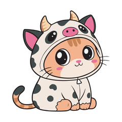 Cute Chubby Kitten in Cow Costume – Cartoon Animal Illustration