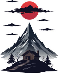 a mountain scene with an old house on the top of it and trees in front