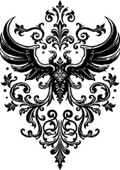 a black and white image of an ornate design with swirls, scrolls