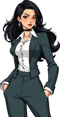 a cartoon character with long black hair and white shirt, standing in front of the camera