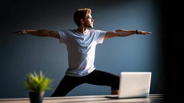 Young man practicing yoga and meditation warrior pose near laptop, focused and calm, wearing casual white t shirt and black pants, exercise and fitness healthy modern home office with mindfulness