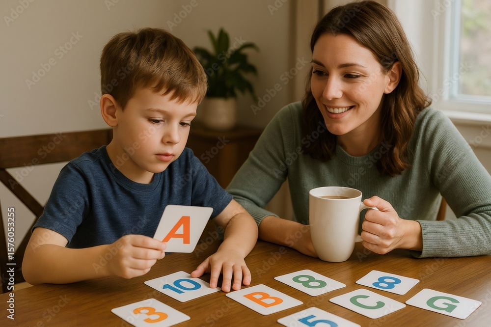 Poster mother and son engaging in a joyful learning session at home, using flashcards to explore letters an