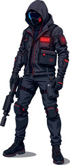 Fototapeta premium a man in black and red gear standing with his arms crossed, looking at the camera
