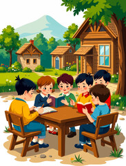 a group of children sitting at the table and reading books in their backyard garden