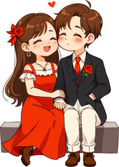 a couple is sitting on the bench and kissing each other people are standing behind them