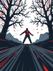a poster for the upcoming horror film ' s release, with an image of two people walking through trees