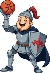 a cartoon knight holding up his basketball ball and waving it ' s in the air