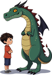 a little boy standing next to an enormous green dragon, with his head turned towards the viewer