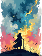 silhouette of a wizard with magic staff on the hill at night vector illustration