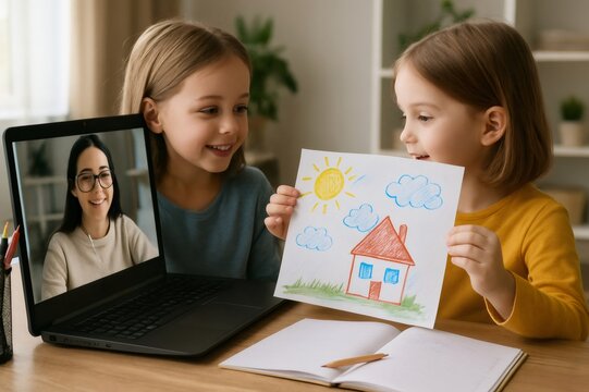 Two smiling little girls showing their drawing to their teacher during a video call lesson on a laptop
