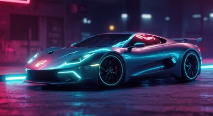 Futuristic neon sports car with sleek design poised on a reflective urban landscape