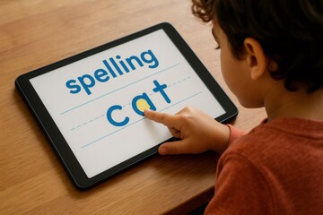 Child using a tablet for homeschooling and tracing the letters of the word cat with his finger