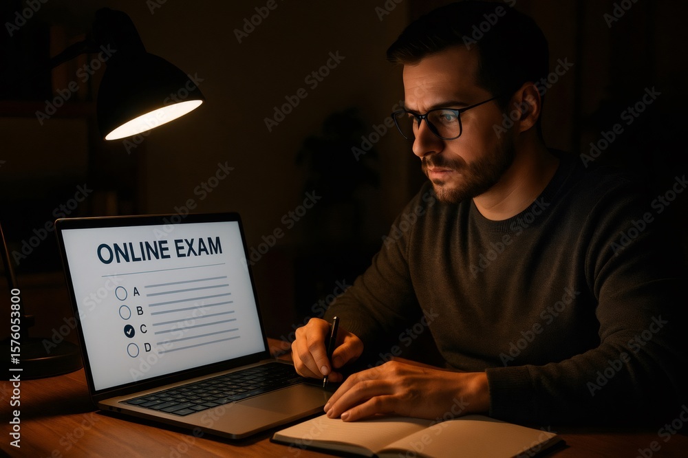 Poster man concentrating on an online exam at night, using a laptop and notebook under a desk lamp, creatin