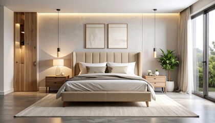 Modern Beige Bedroom with Natural Light and Wooden Accents