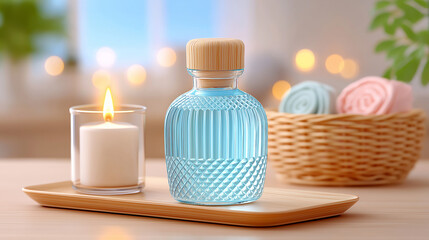 A Clear blue glass bottle with diamond pattern surface jar ,for a body  salt scrub or bath,on light wooden rectangular tray, a lit white pillar candle in a glass holder glows warmly.