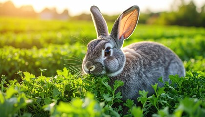 Gray rabbit eating greens in field