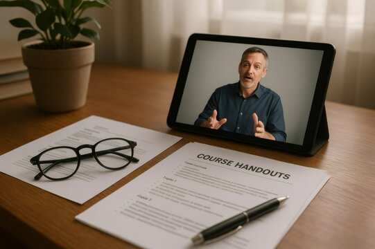 Online education concept with professor teaching remotely using tablet, course handouts and eyeglasses on desk