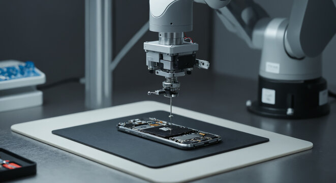 Robotic arm assembling smartphone on industrial workbench