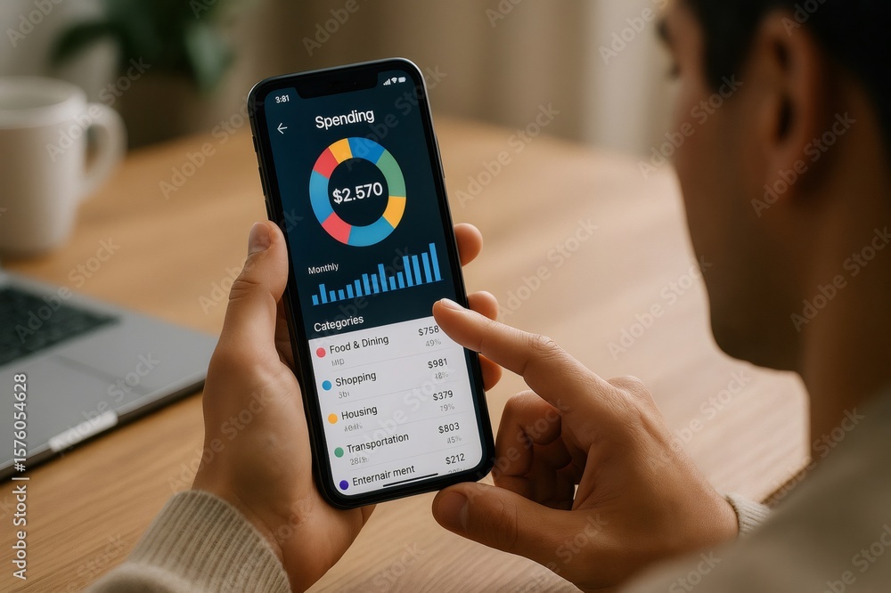 Poster close up of hands holding smartphone analyzing monthly spending on personal finance application with