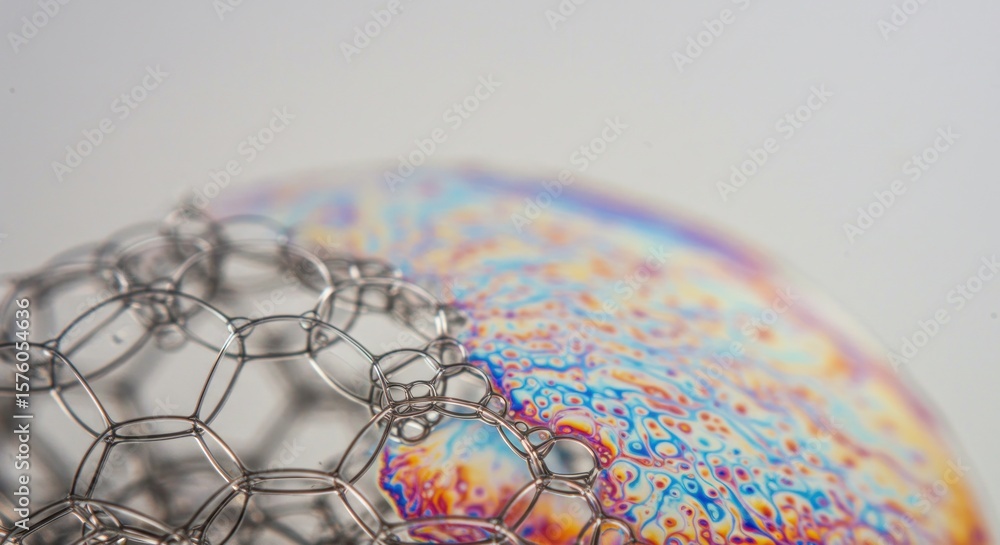 Poster intricate iridescent soap bubble surface with interlocking geometric shapes macro