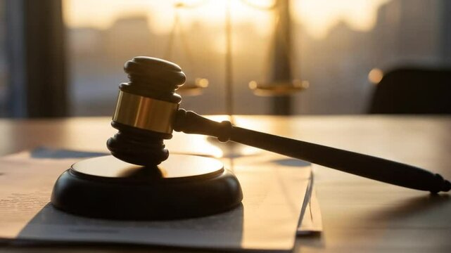 Symbols of jurisprudence and legal decisions illuminated by golden light at sunrise or sunset