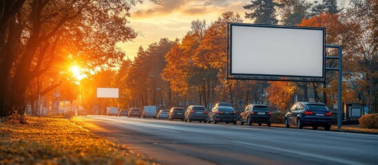 Evening traffic travels on a road with billboards near the sunset