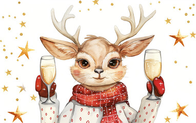 Cute cartoon deer in scarf and gloves holding champagne. Holiday toast concept.

