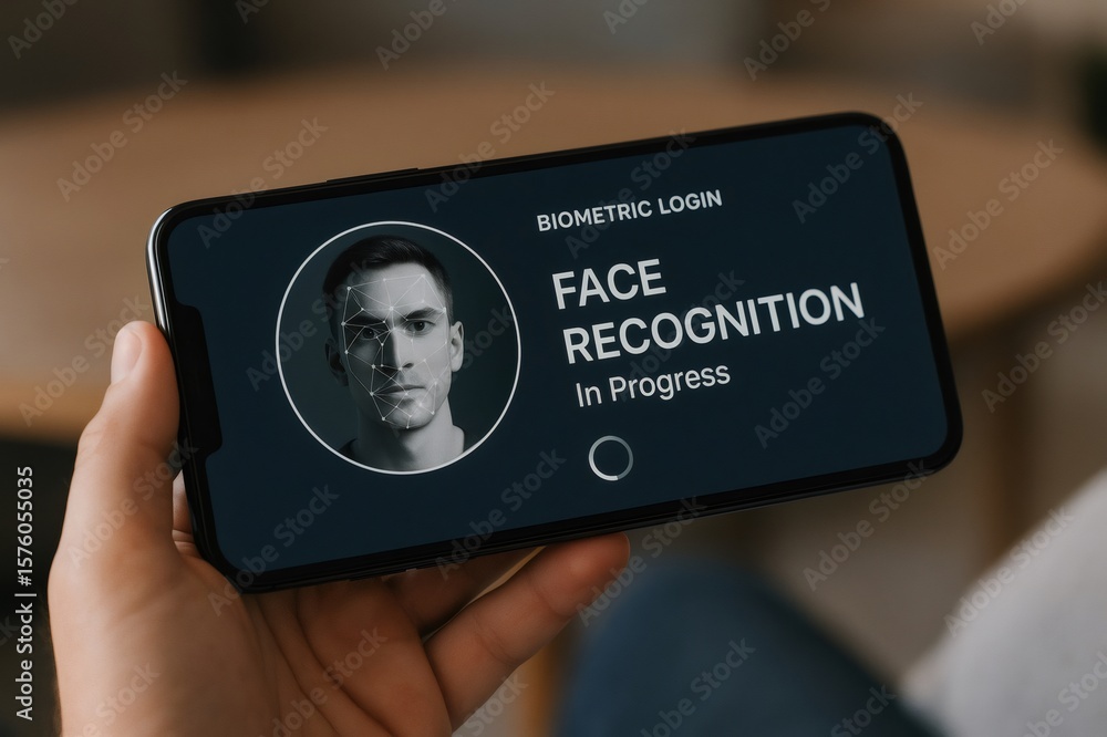 Poster hand holding smartphone displaying biometric face recognition in progress, showcasing advanced secur