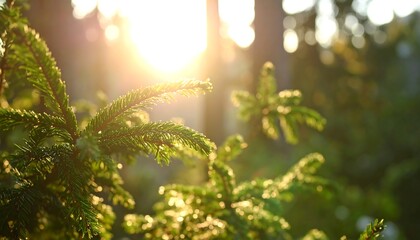 Sunlight filtering through evergreen boughs