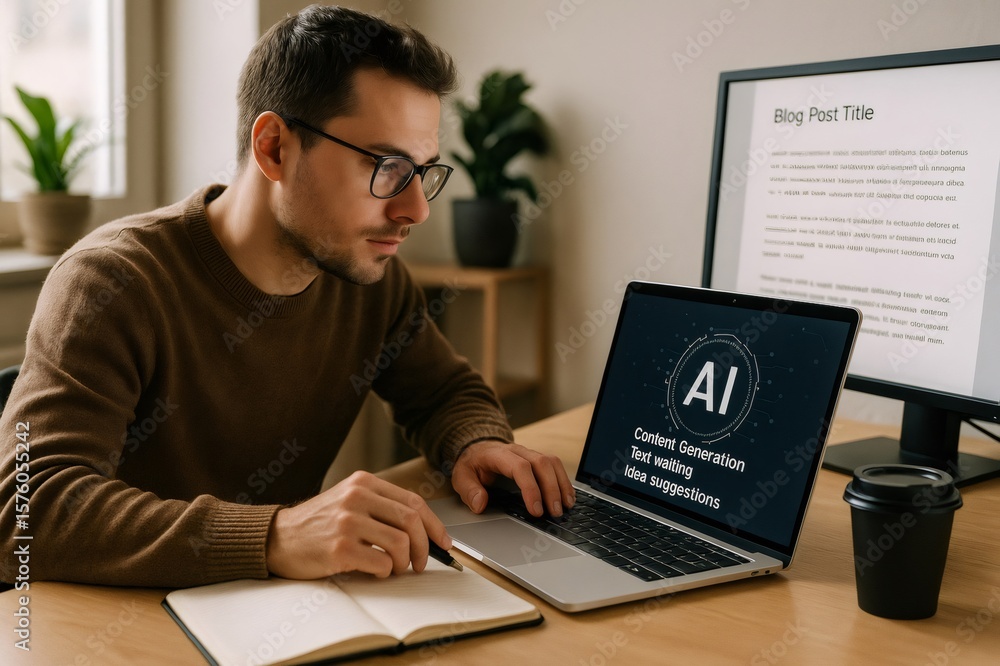 Poster freelancer working at a desk, using ai software on a laptop for content generation and idea suggesti