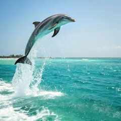 A graceful dolphin leaps high out of the turquoise ocean water creating a splash