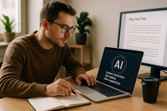 Freelancer working at a desk, using AI software on a laptop for content generation and idea suggestions, enhancing productivity and creativity