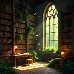 Enchanted forest library with glowing light high resolution photo