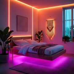 Elegant bedroom with LED lights cozy high resolution photo