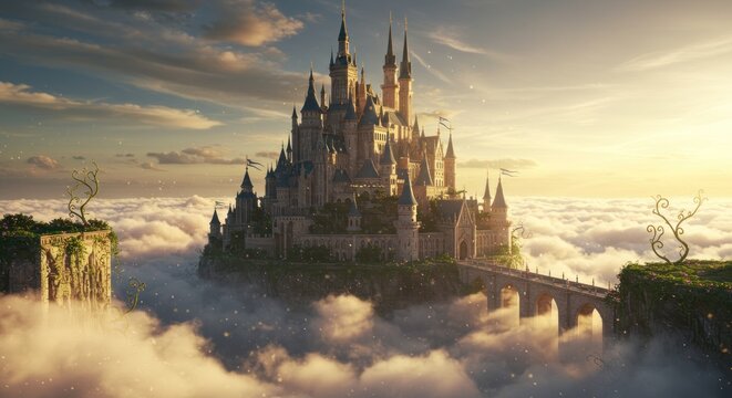 Majestic castle floating on clouds at sunrise fantasy architecture wonderland