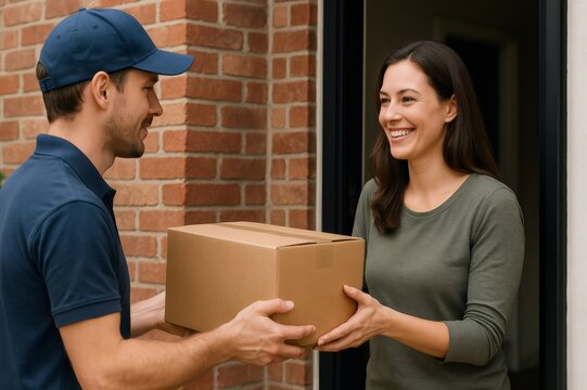 Cheerful woman receives a package from a delivery courier at her doorstep, showcasing a successful and friendly delivery interaction
