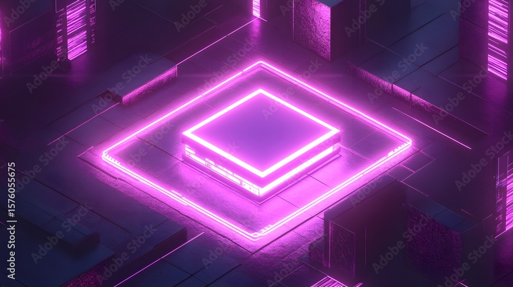 Poster neon-lit square object on a futuristic platform.